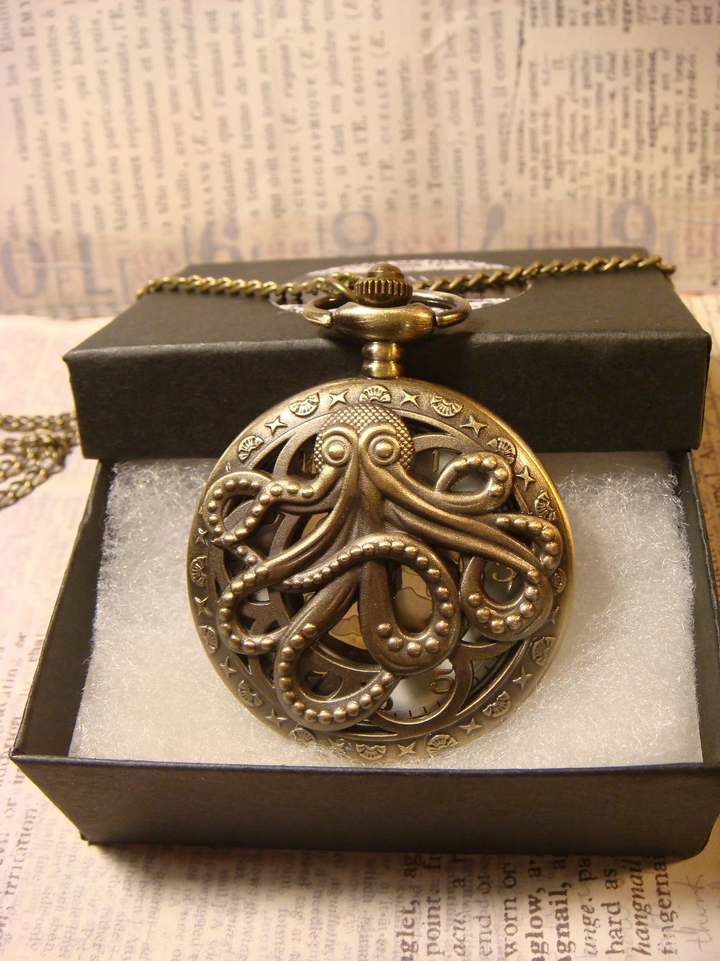 Working Octopus Pocket Watch Necklace in Antique Bronze