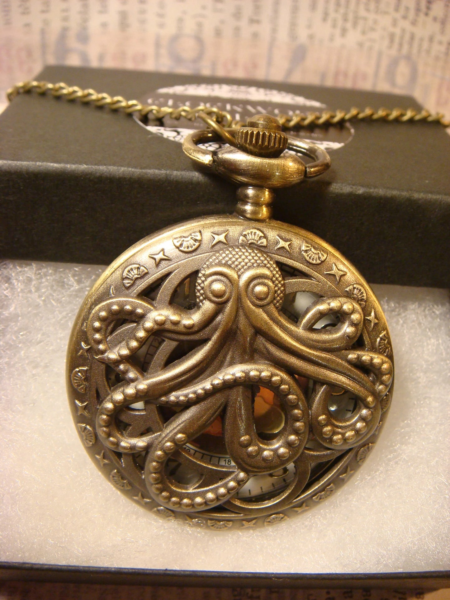 Working Octopus Pocket Watch Necklace in Antique Bronze