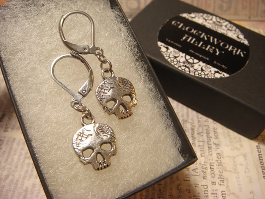 Skull Dangle Earrings in Antique Silver