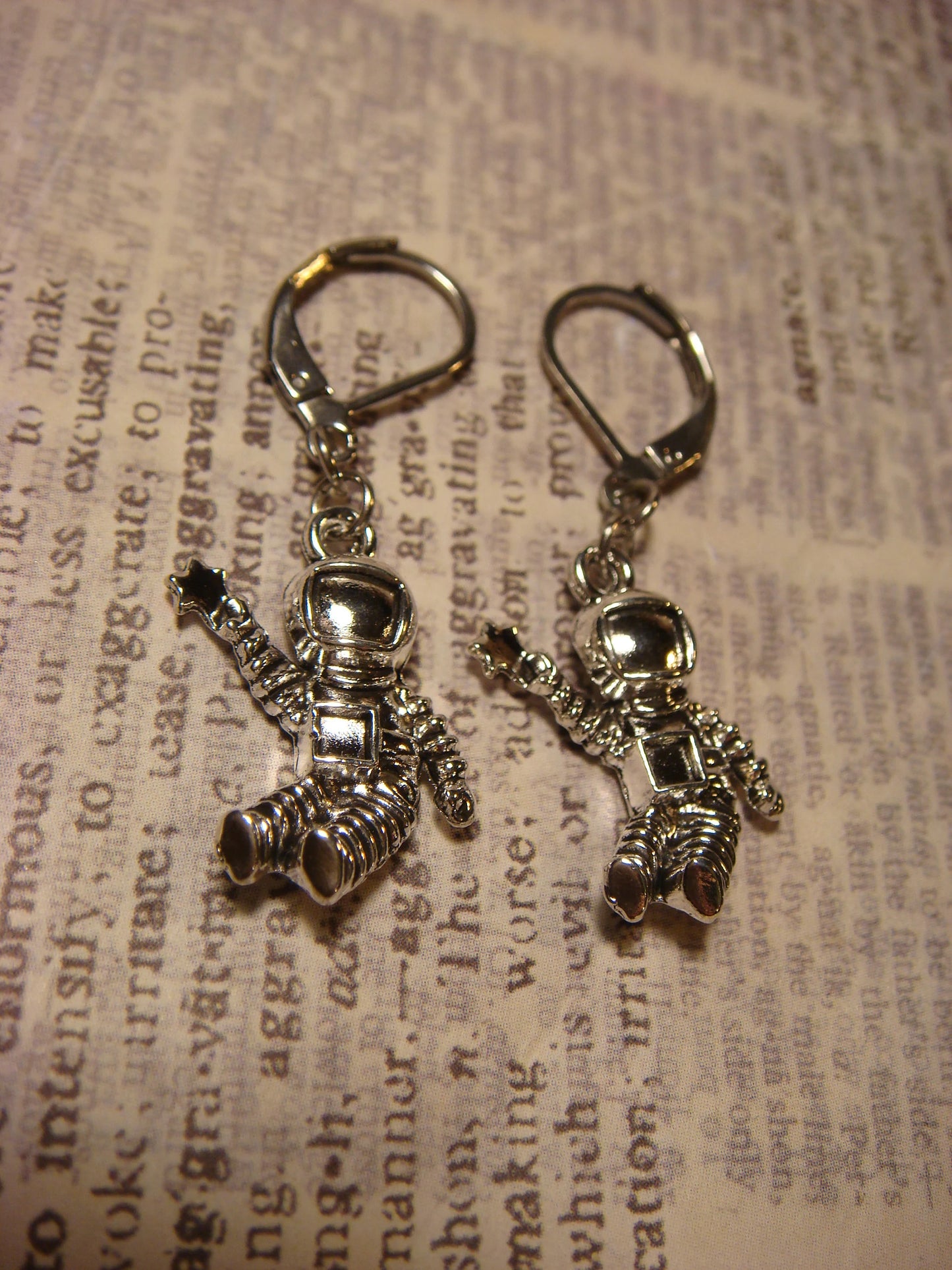 Astronaut Dangle Earrings in Antique Silver