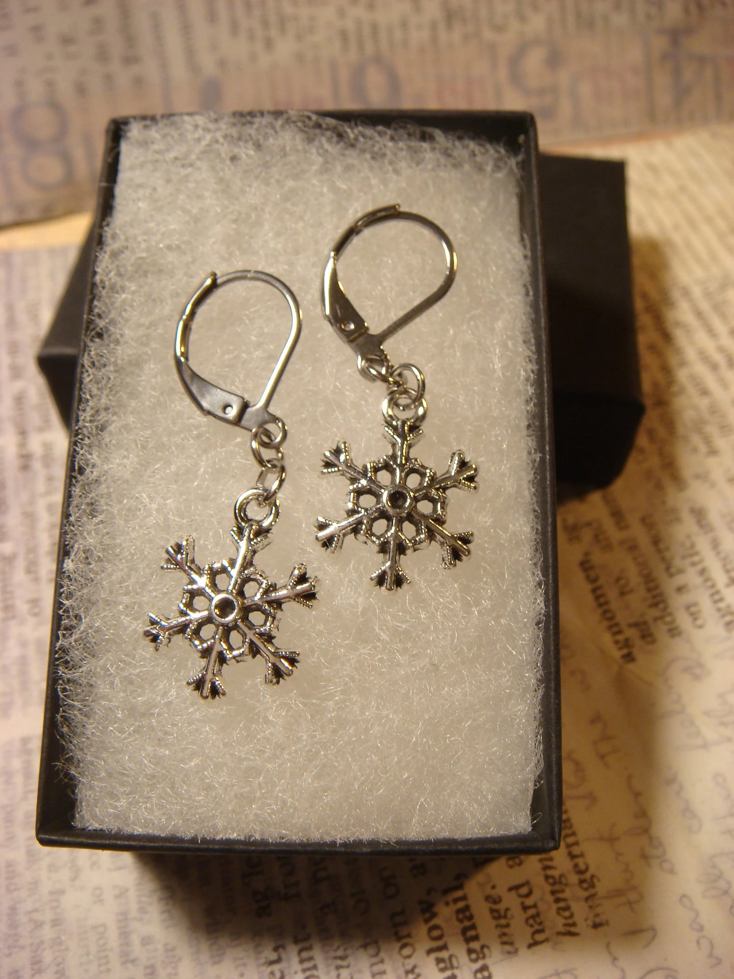 Snowflake Dangle Earrings in Antique Silver