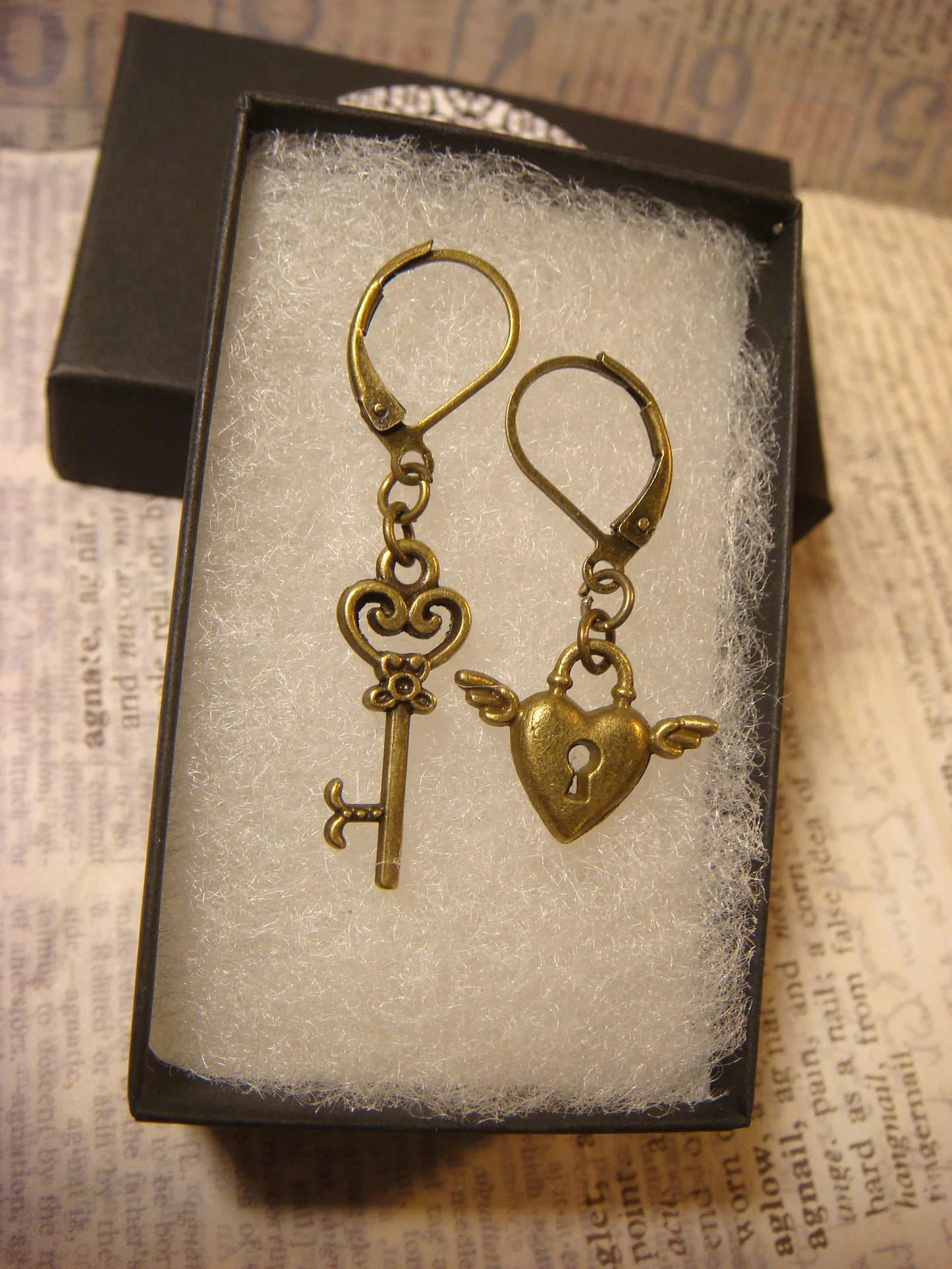 Key and Winged Heart Lock Earrings in Antique Bronze