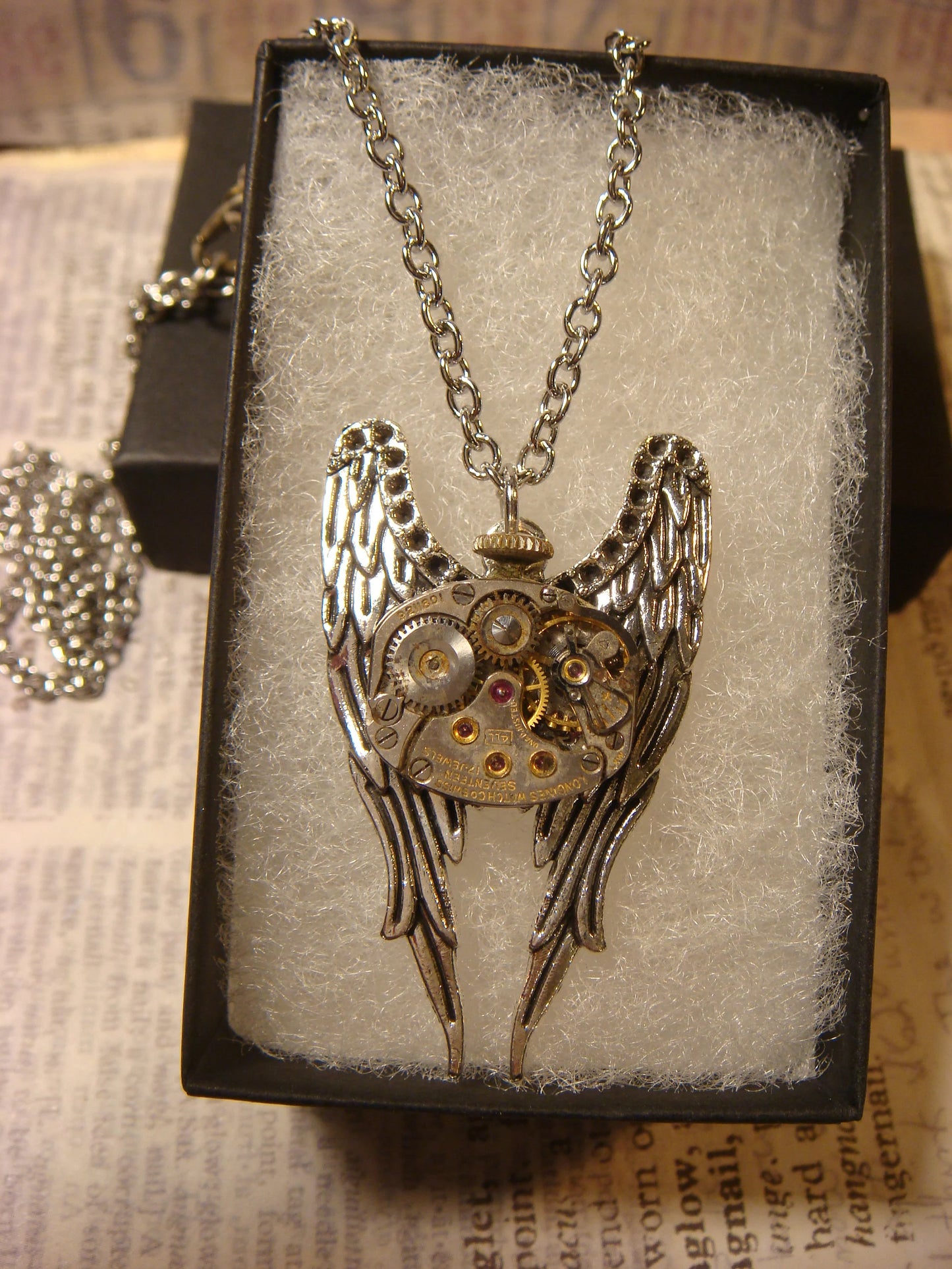 Steampunk Wings Watch Movement Necklace with Exposed Gears