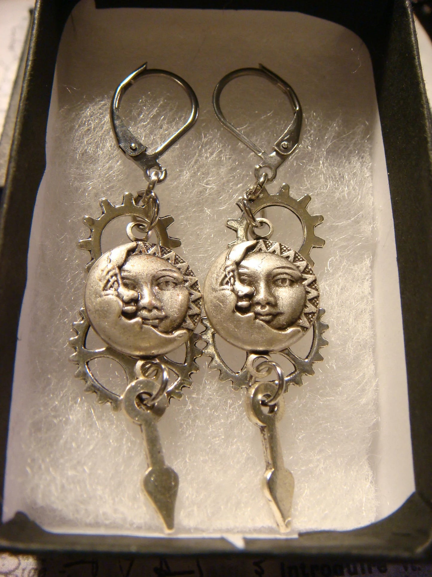Sun and Moon with Gears, Cogs and Watch Hands Dangle Earrings