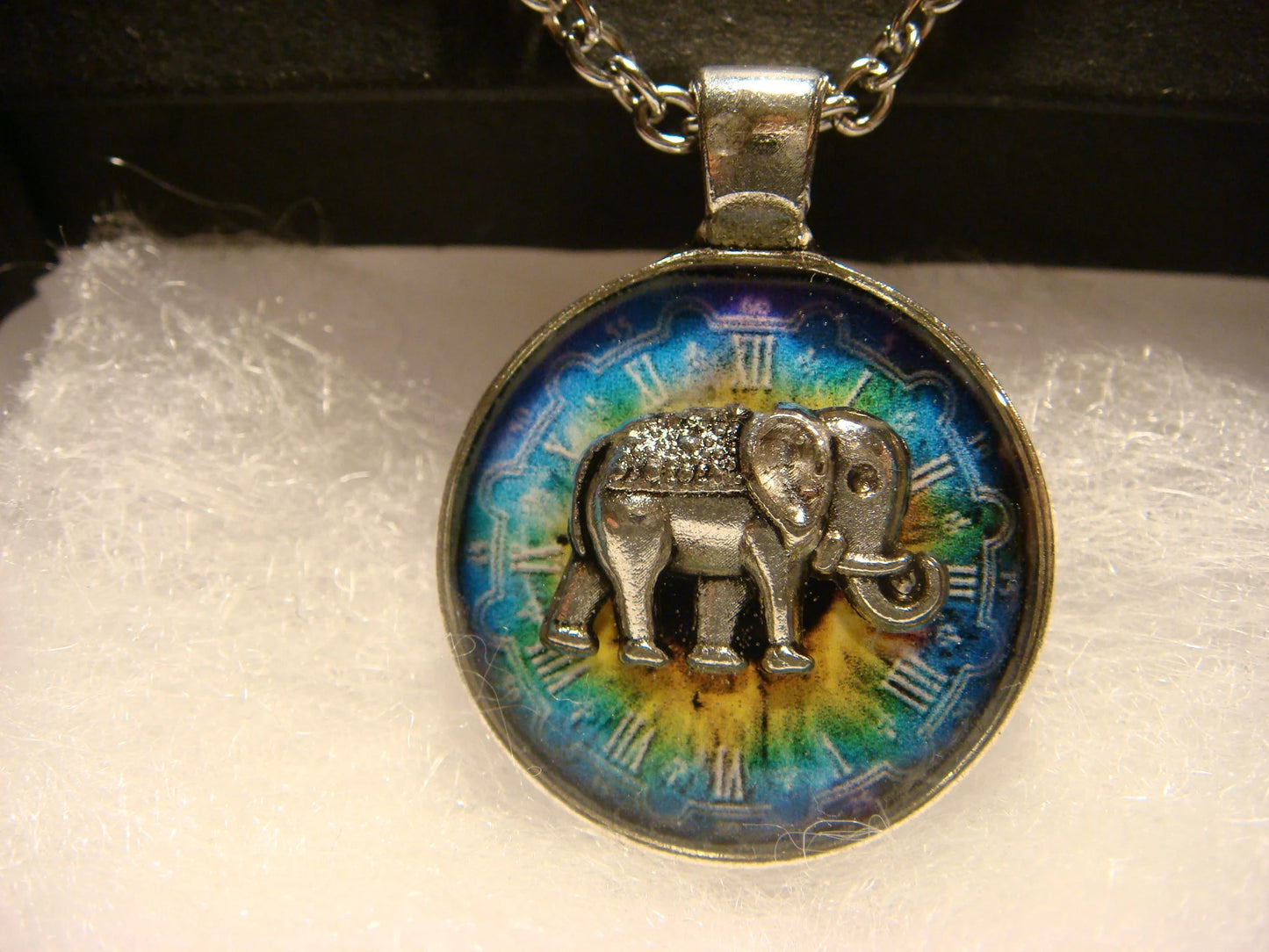 Elephant over Colorful Clock Small Pendant Necklace