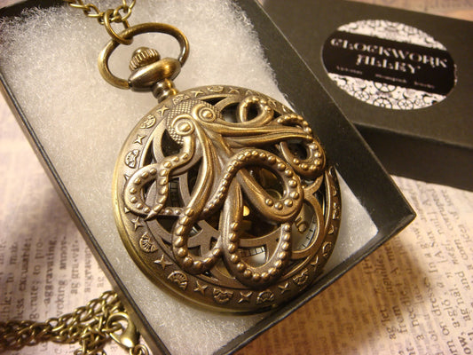 Working Octopus Pocket Watch Necklace in Antique Bronze
