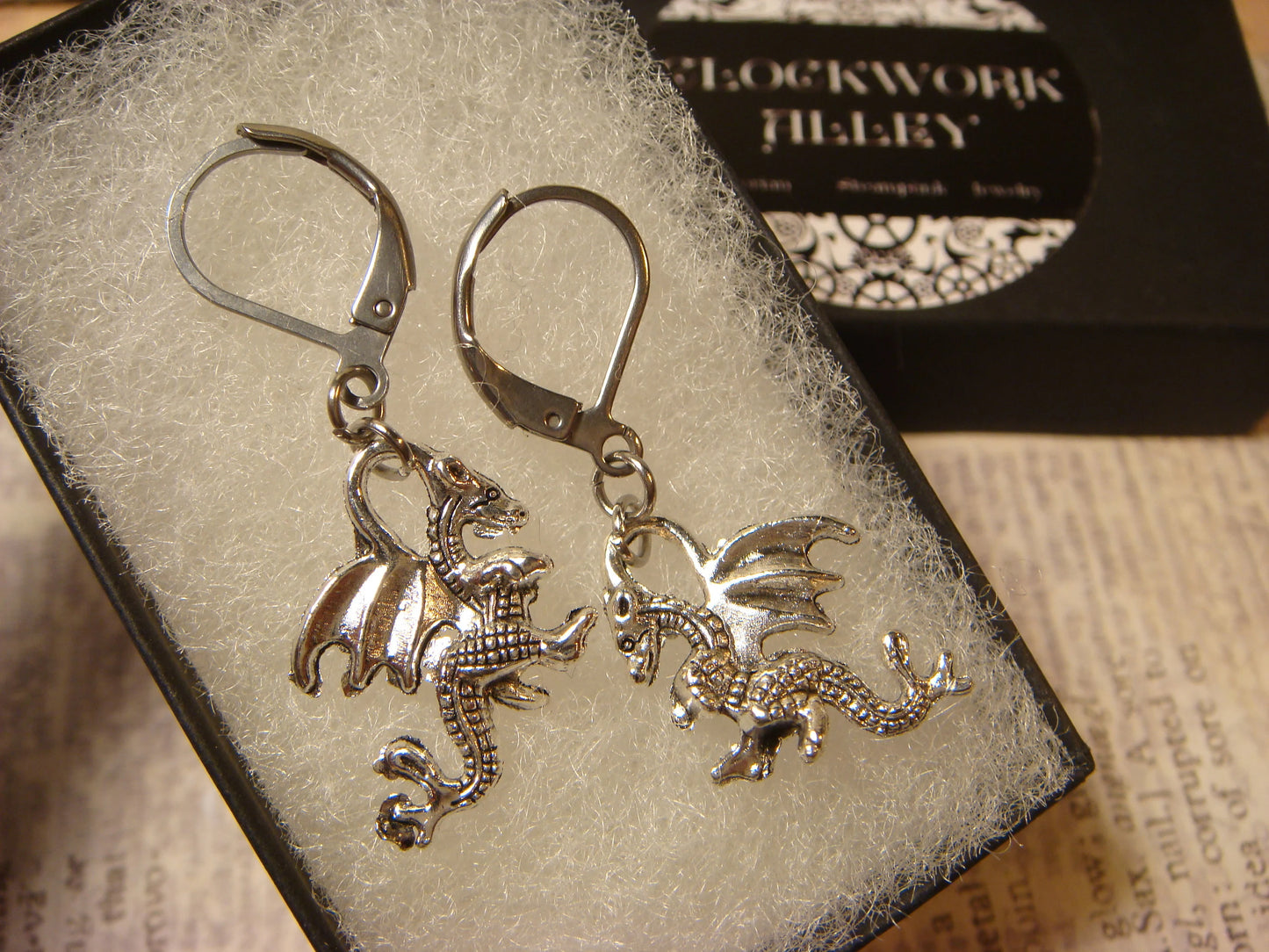 Dragon Dangle Earrings in Antique Silver