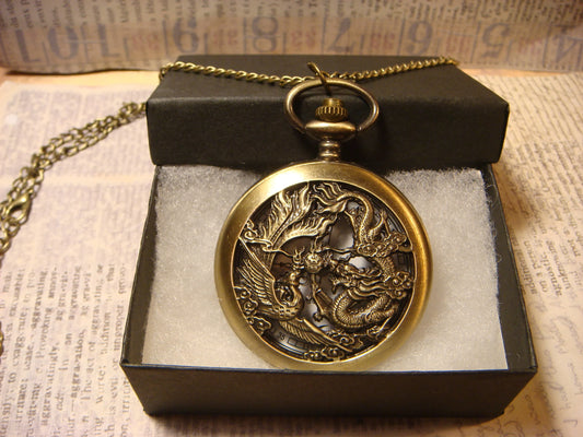 Working Phoenix & Dragon Pocket Watch Necklace in Antique Bronze