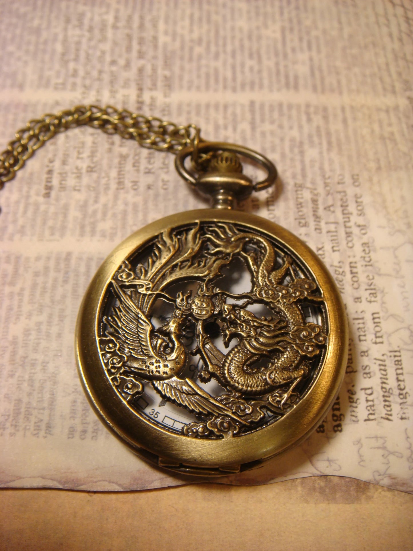 Working Phoenix & Dragon Pocket Watch Necklace in Antique Bronze