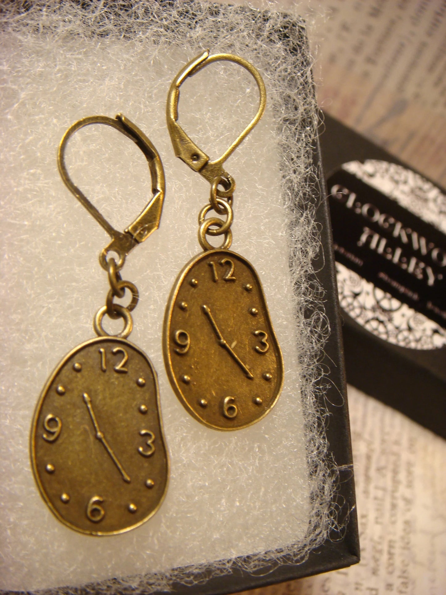 Melting Clock Dangle Earrings in Antique Bronze