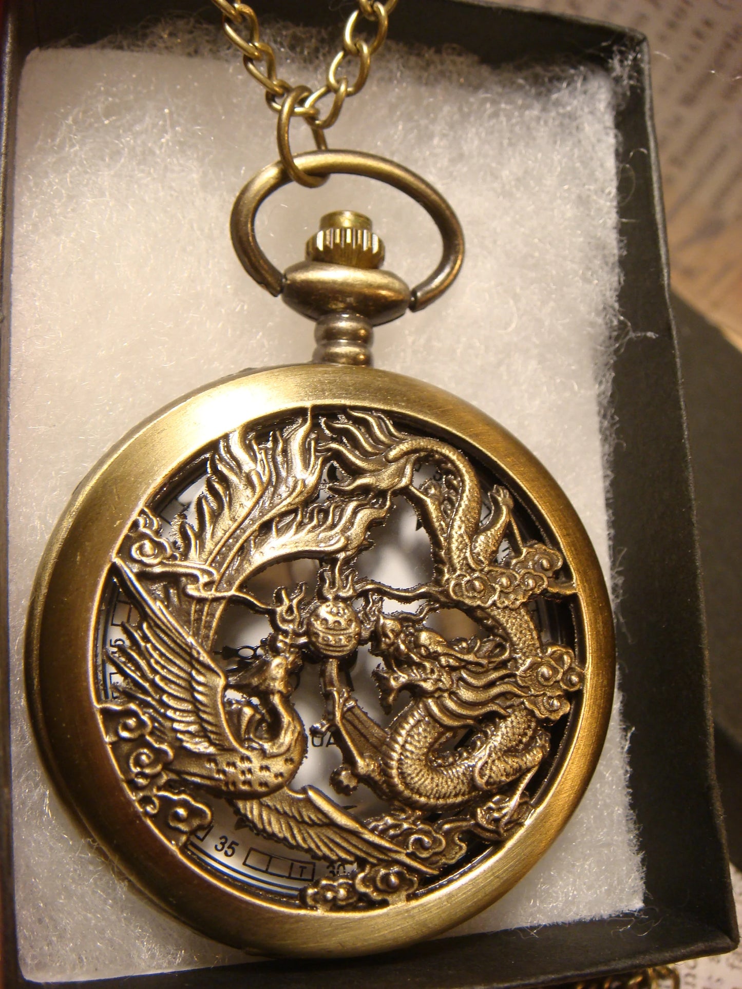 Working Phoenix & Dragon Pocket Watch Necklace in Antique Bronze