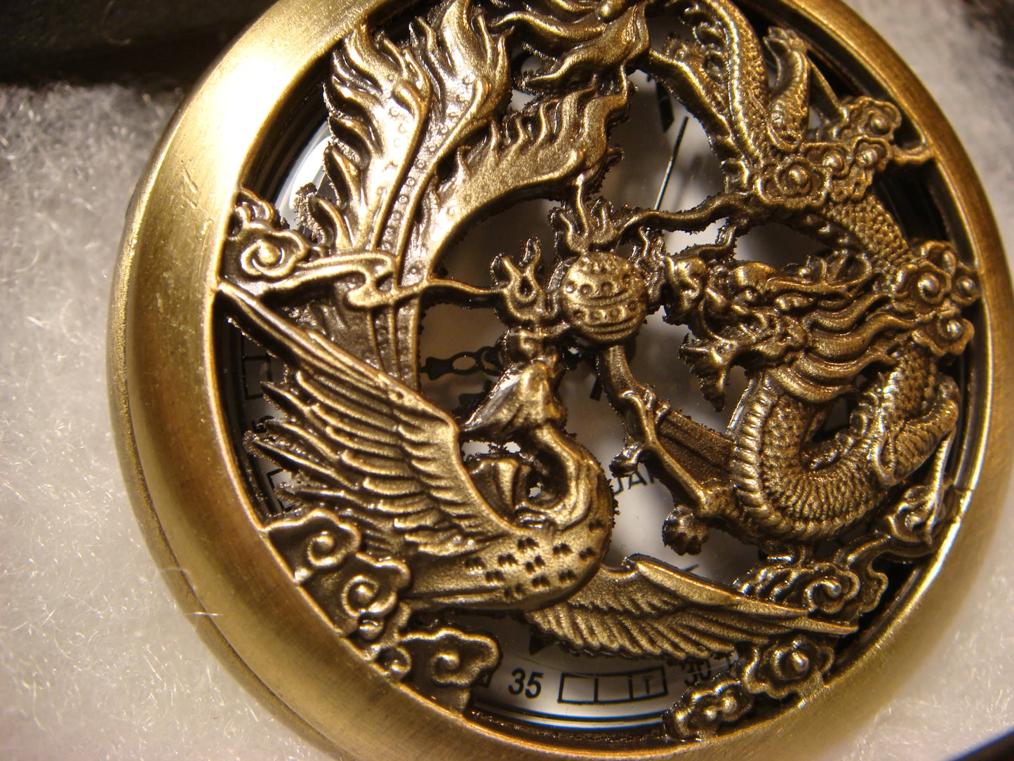 Working Phoenix & Dragon Pocket Watch Necklace in Antique Bronze