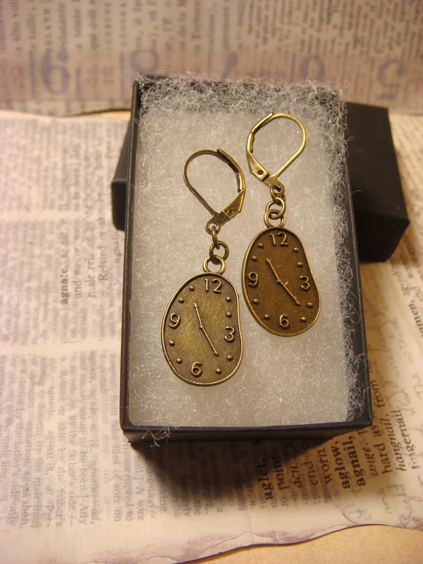 Melting Clock Dangle Earrings in Antique Bronze
