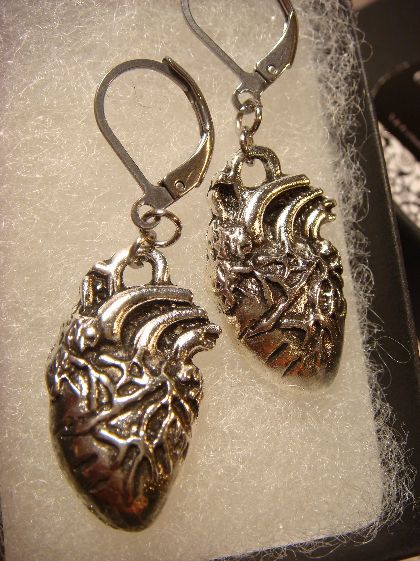 Anatomical Heart Dangle Earrings in Antique Silver