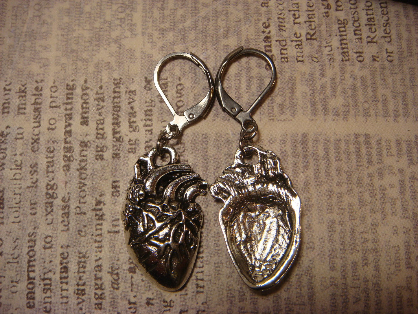 Anatomical Heart Dangle Earrings in Antique Silver
