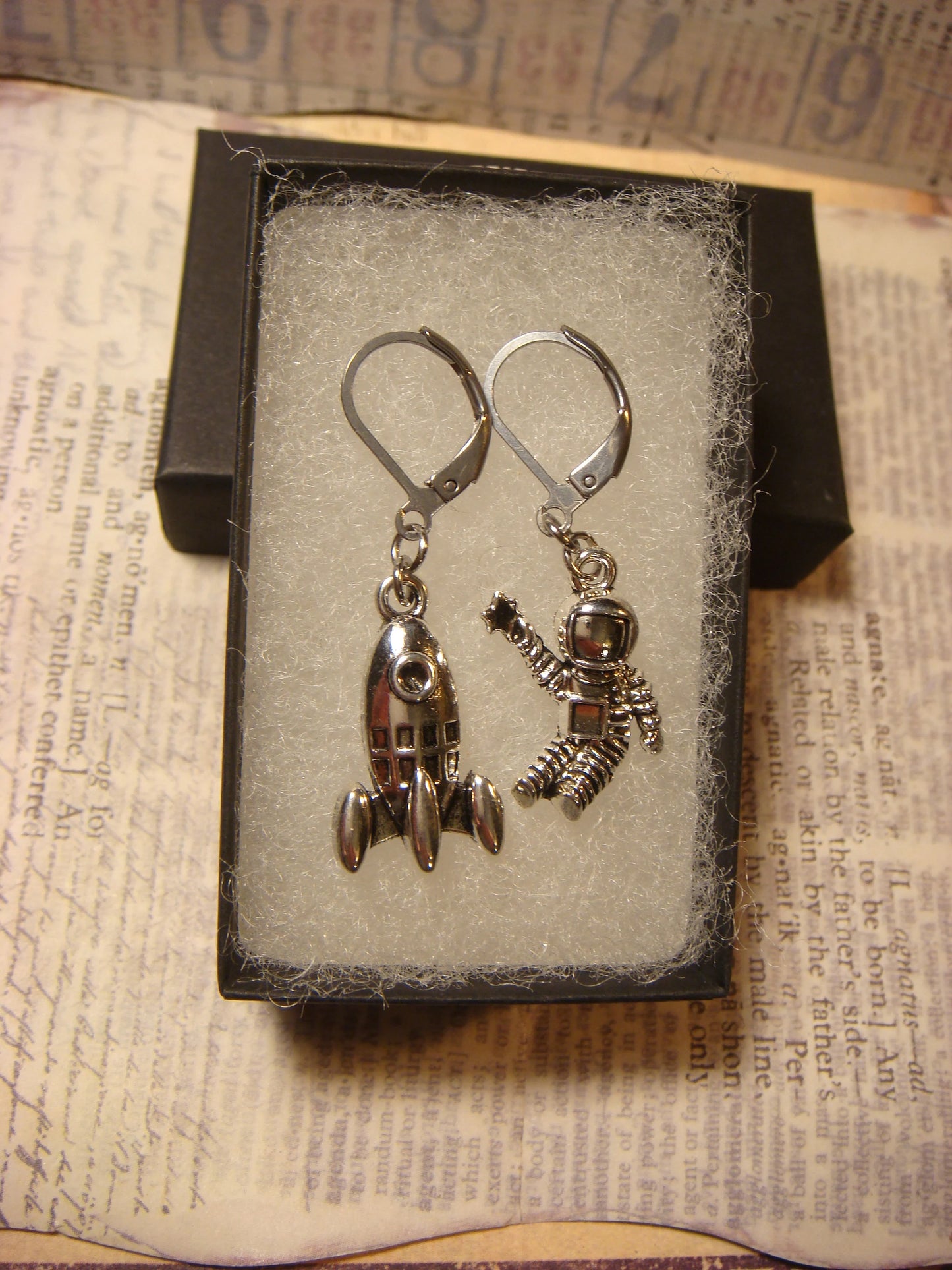 Rocket and Astronaut Dangle Earrings in Antique Silver