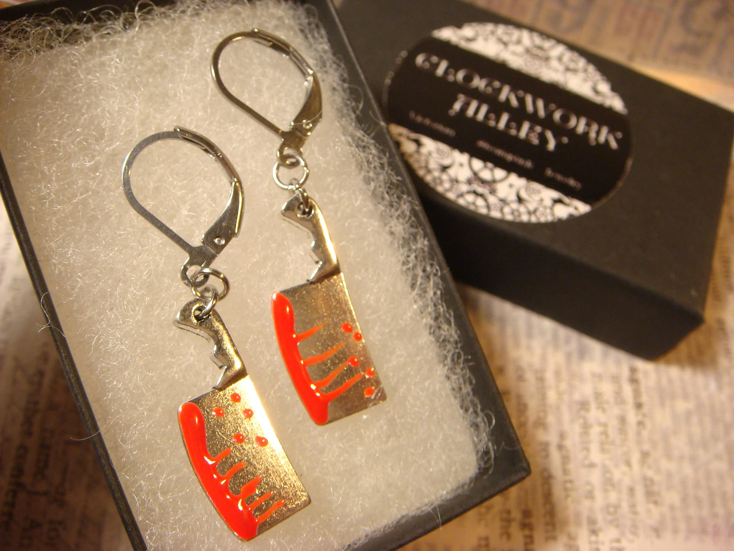Bloody Cleaver Dangle Earrings in Antique Silver