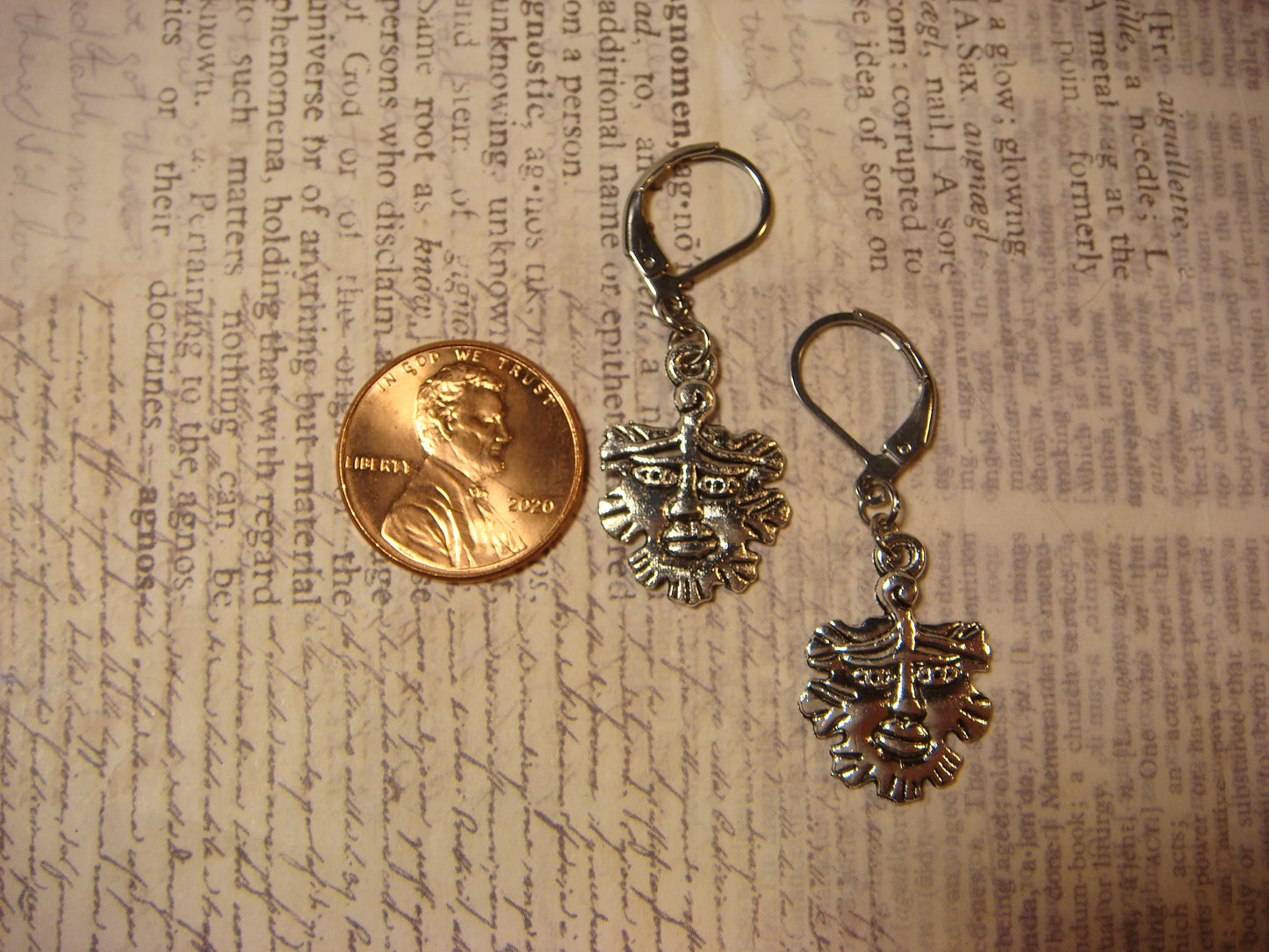 Green Man Dangle Earrings in Antique Silver