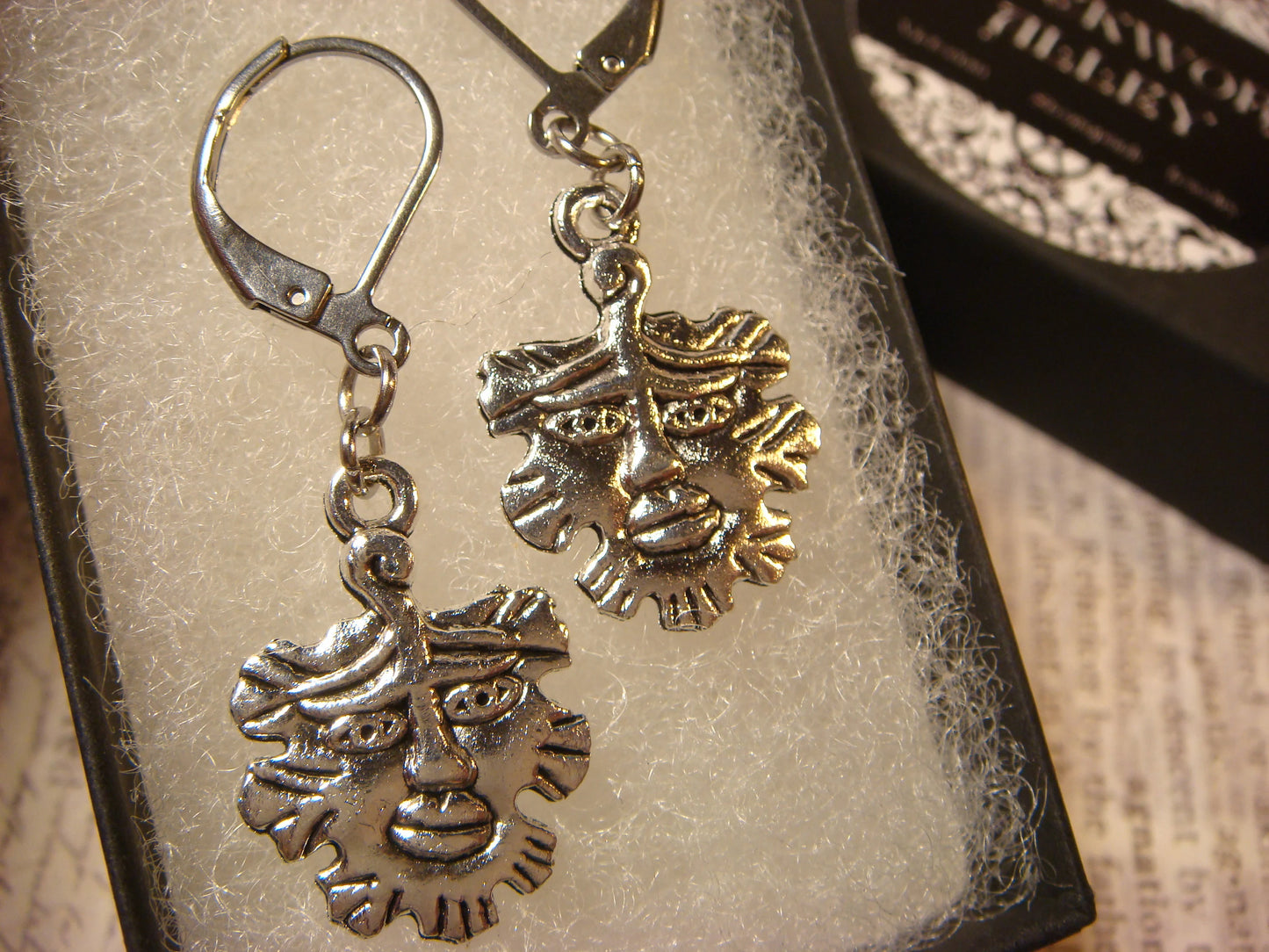 Green Man Dangle Earrings in Antique Silver