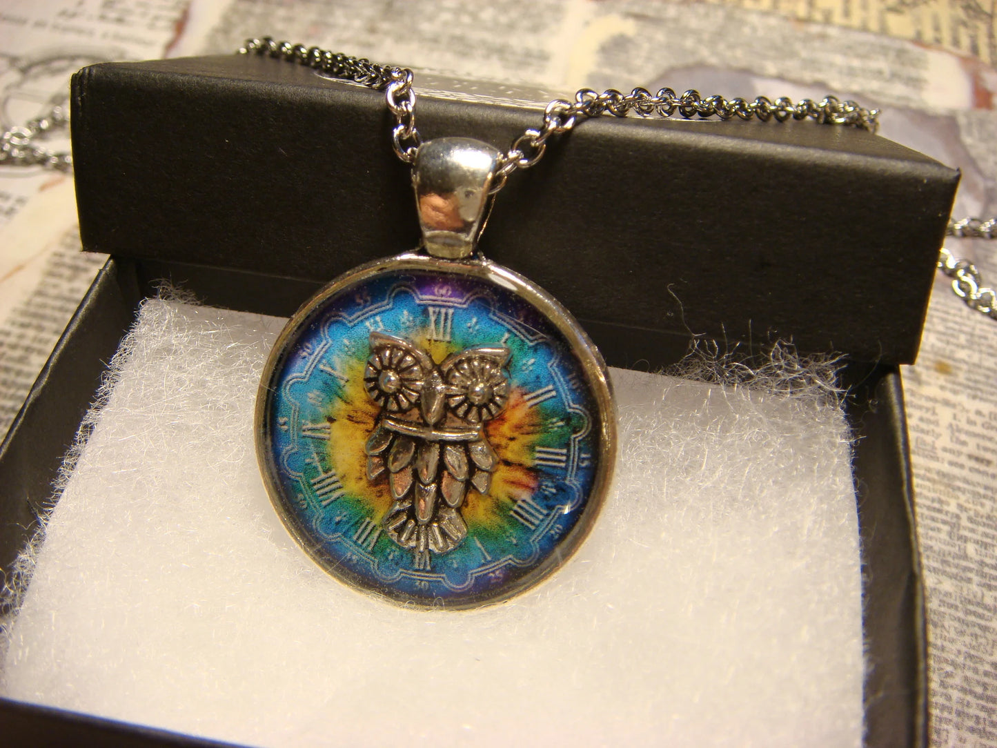 Owl over Colorful Clock Pendant Necklace