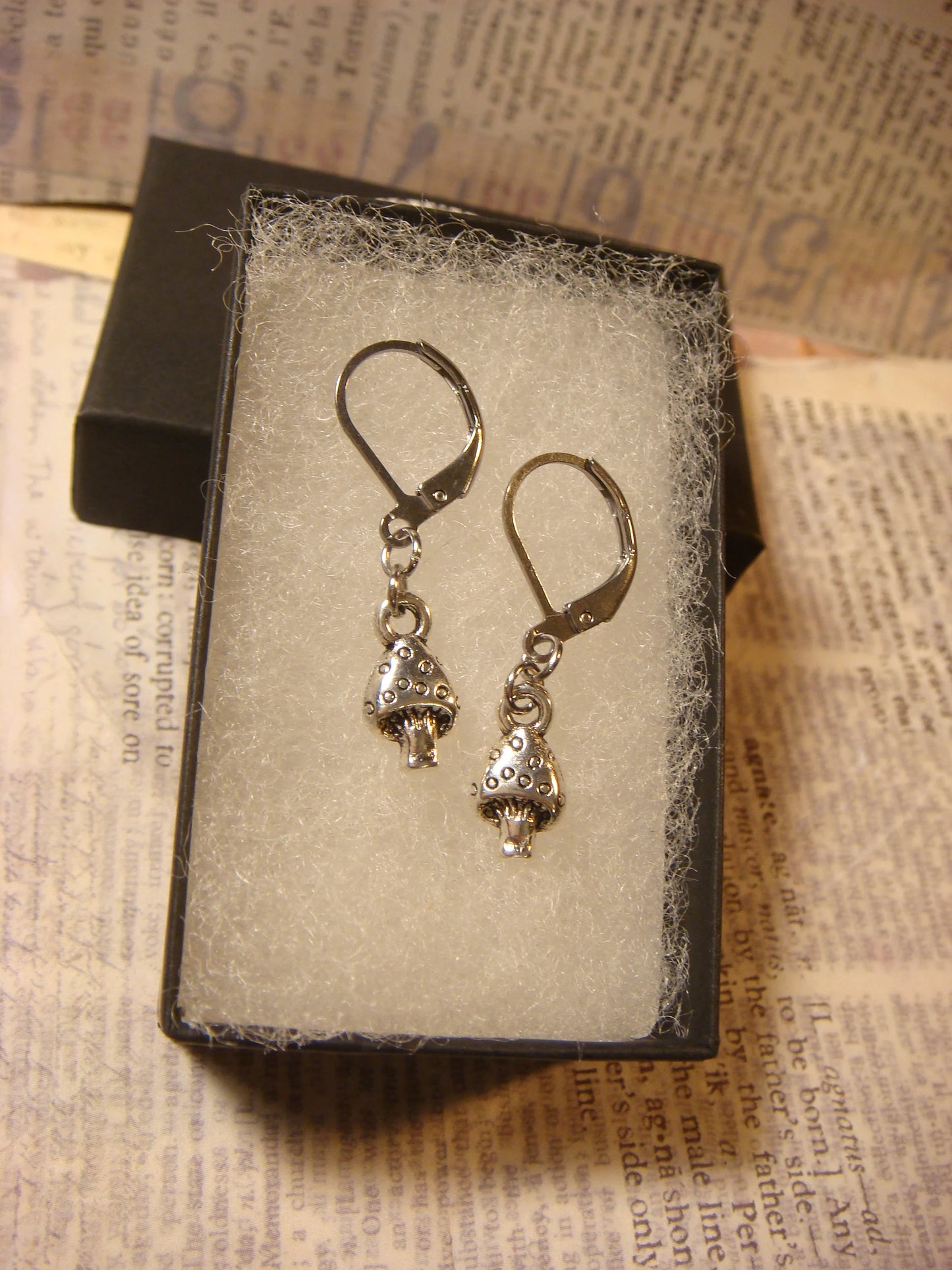Tiny Mushroom Dangle Earrings in Antique Silver