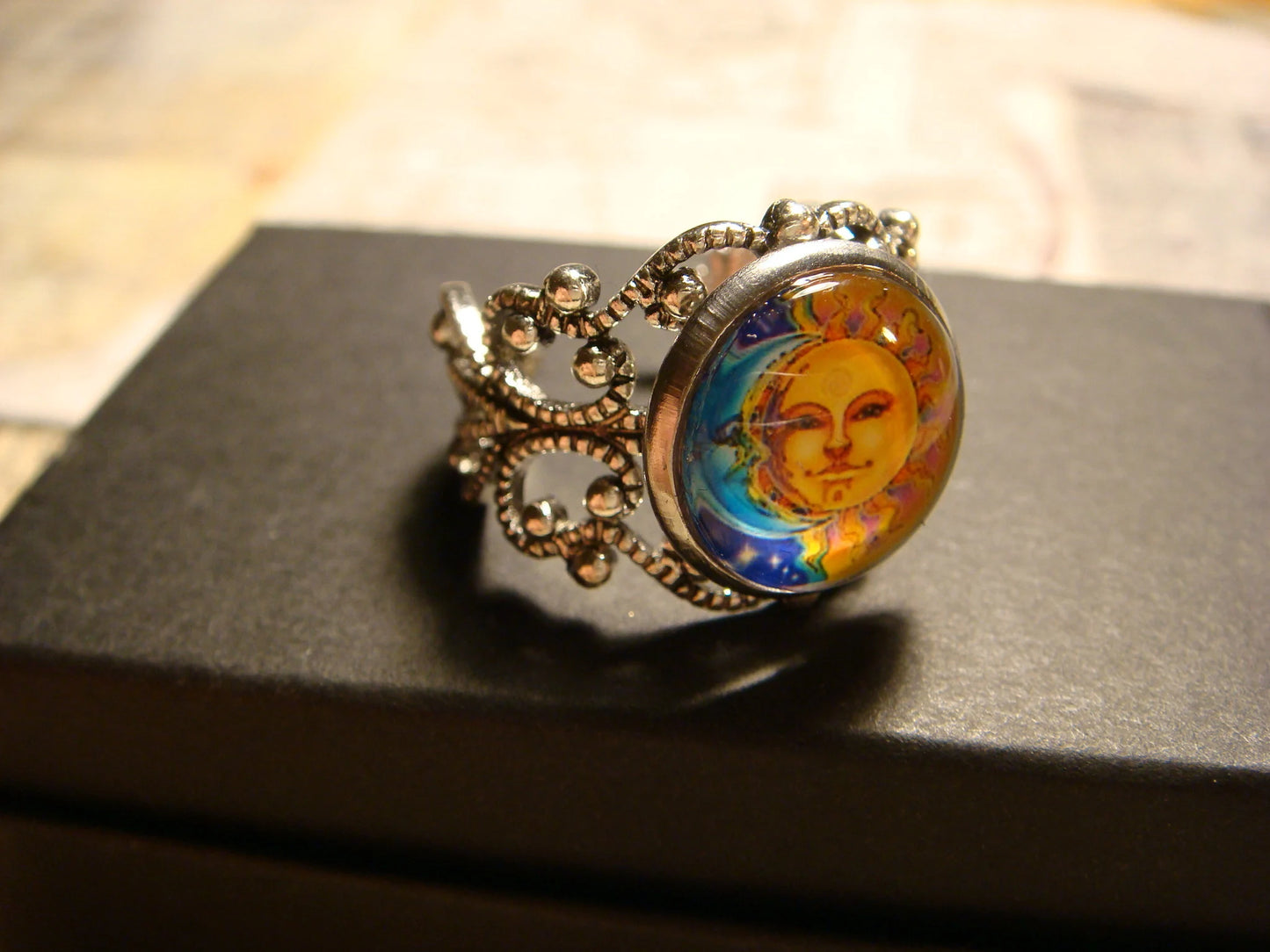 Moon and Sun Image Filigree Ring in Antique Silver - Adjustable