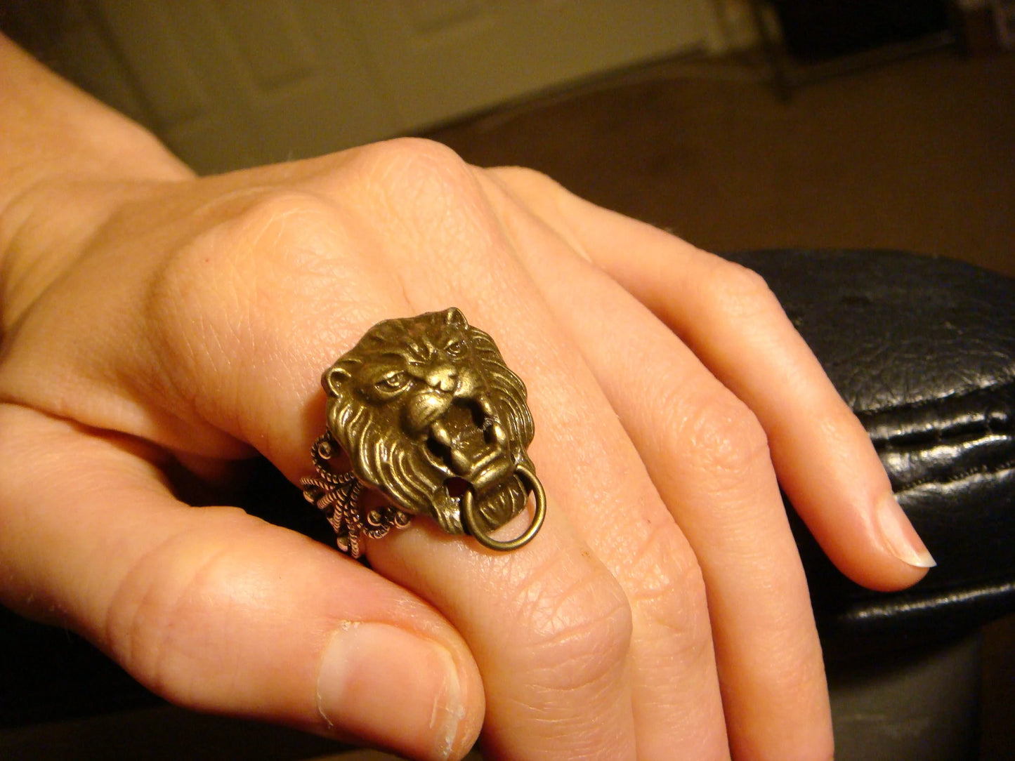 Lion Knocker Filigree Ring in Antique Silver - Adjustable