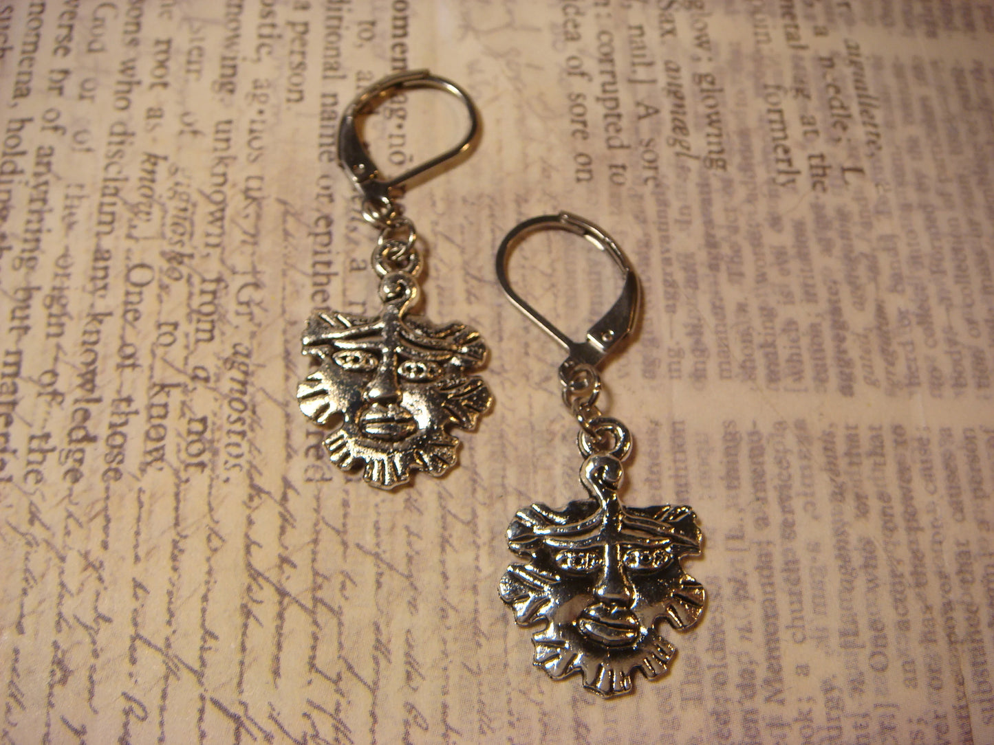 Green Man Dangle Earrings in Antique Silver