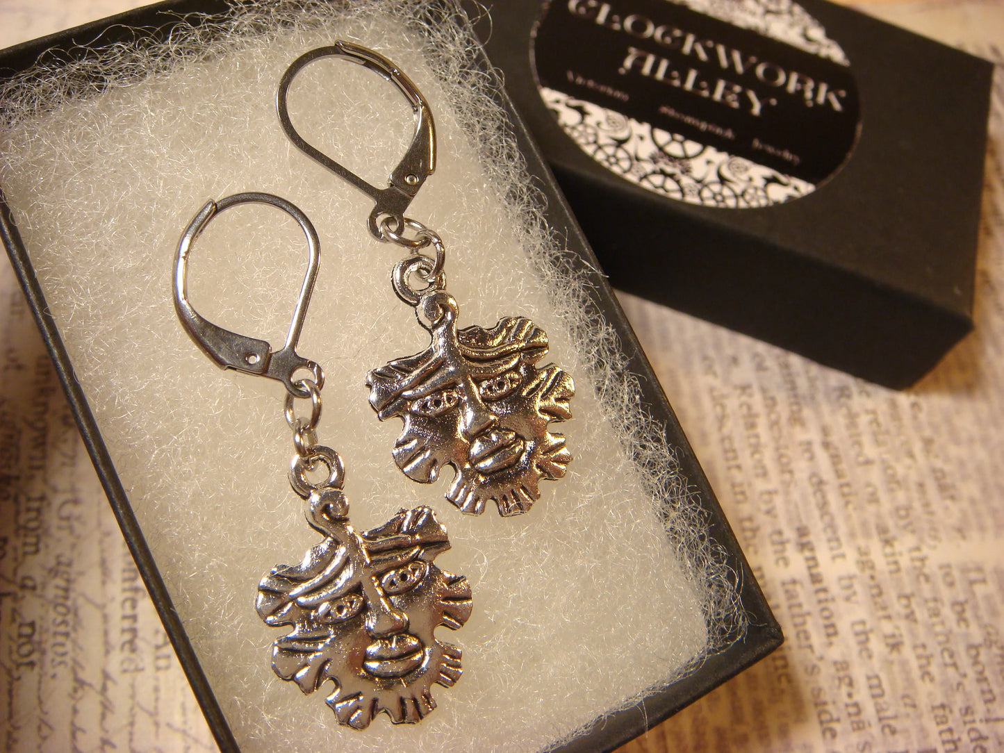 Green Man Dangle Earrings in Antique Silver