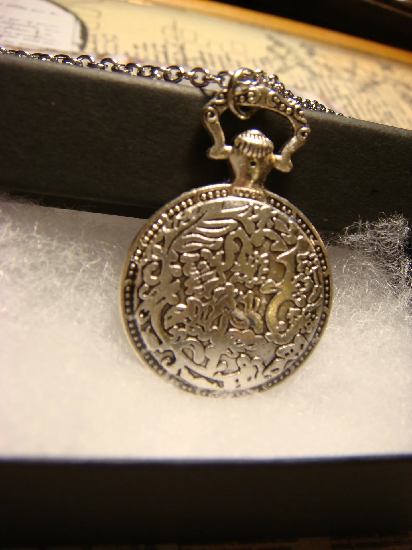 Sun and Moon over Etched Gear Pocket Watch Pendant Necklace