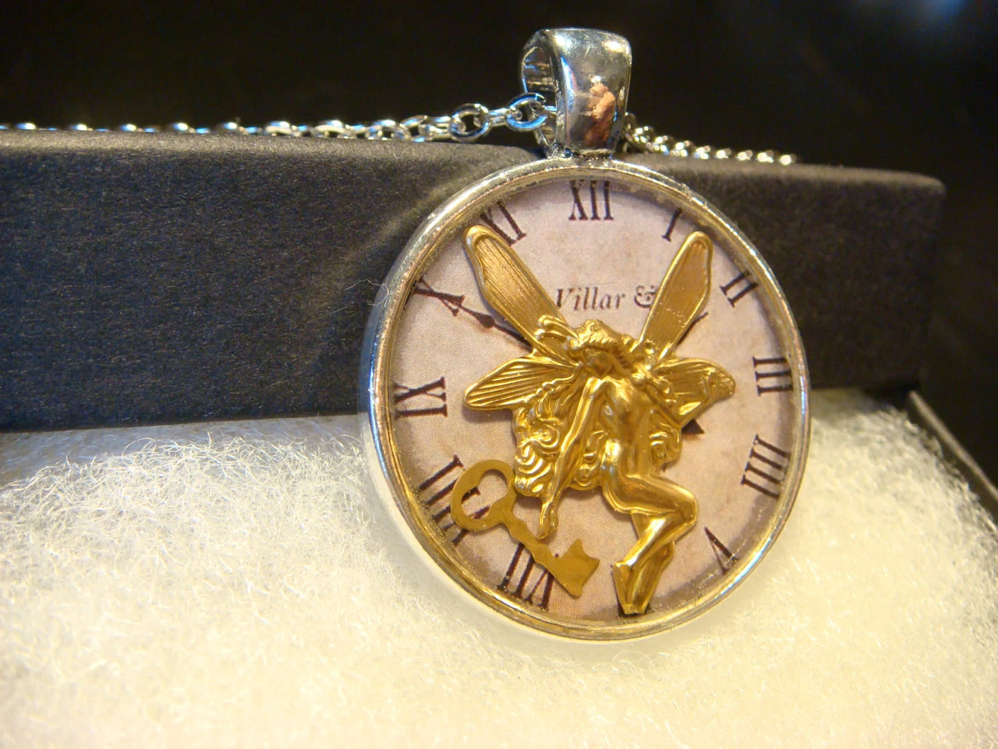 Fairy and Key over Clock Pendant Necklace