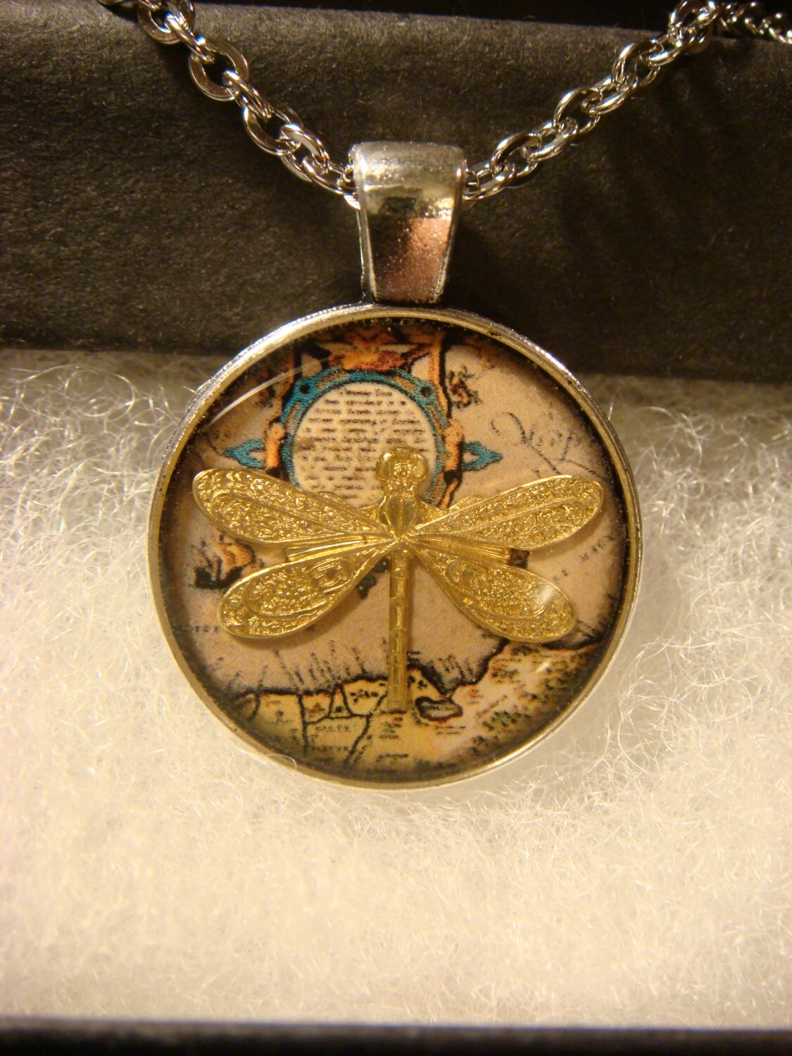 Dragonfly over Map Small Pendant Necklace