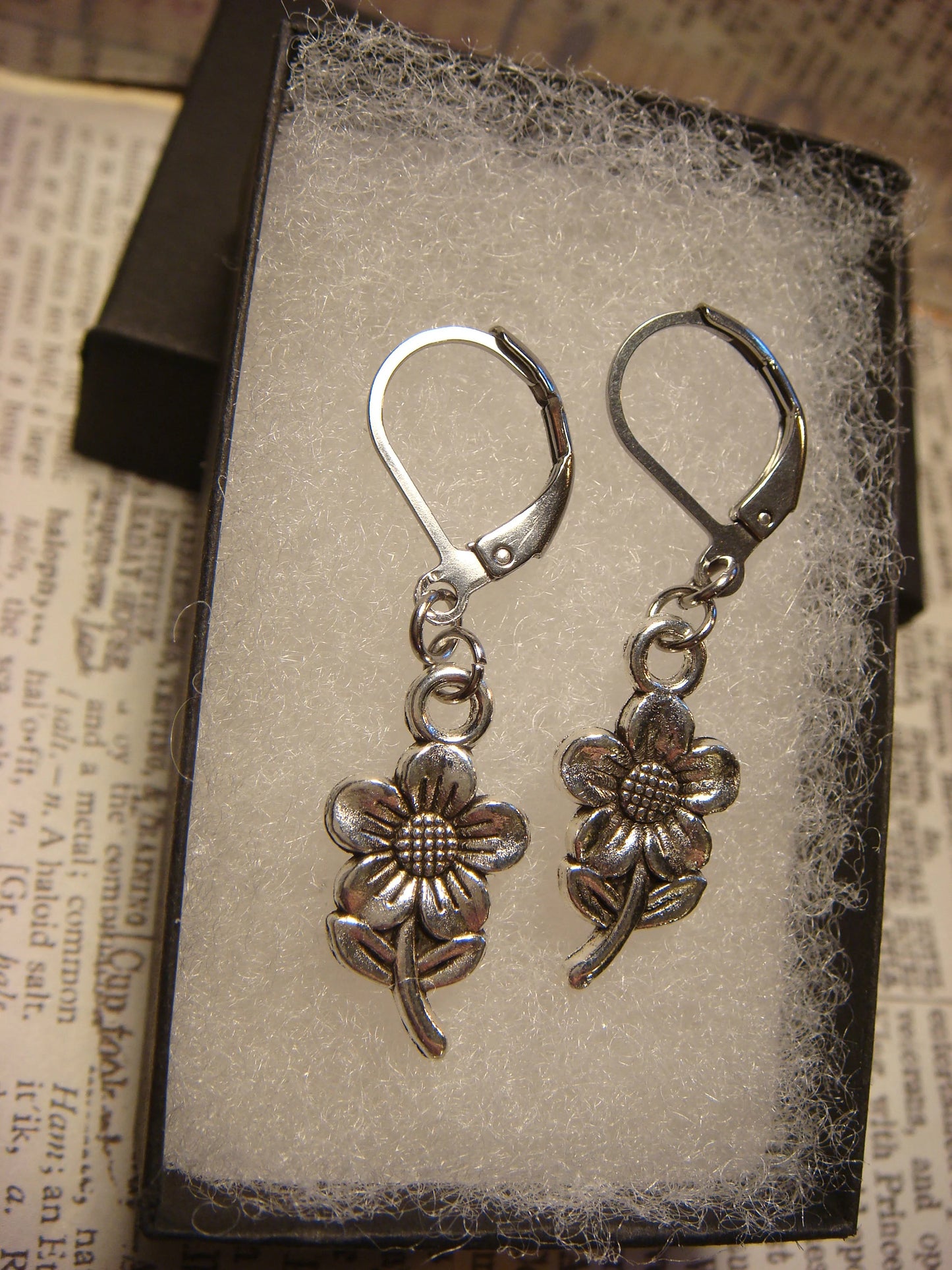 Sunflower Dangle Earrings in Antique Silver