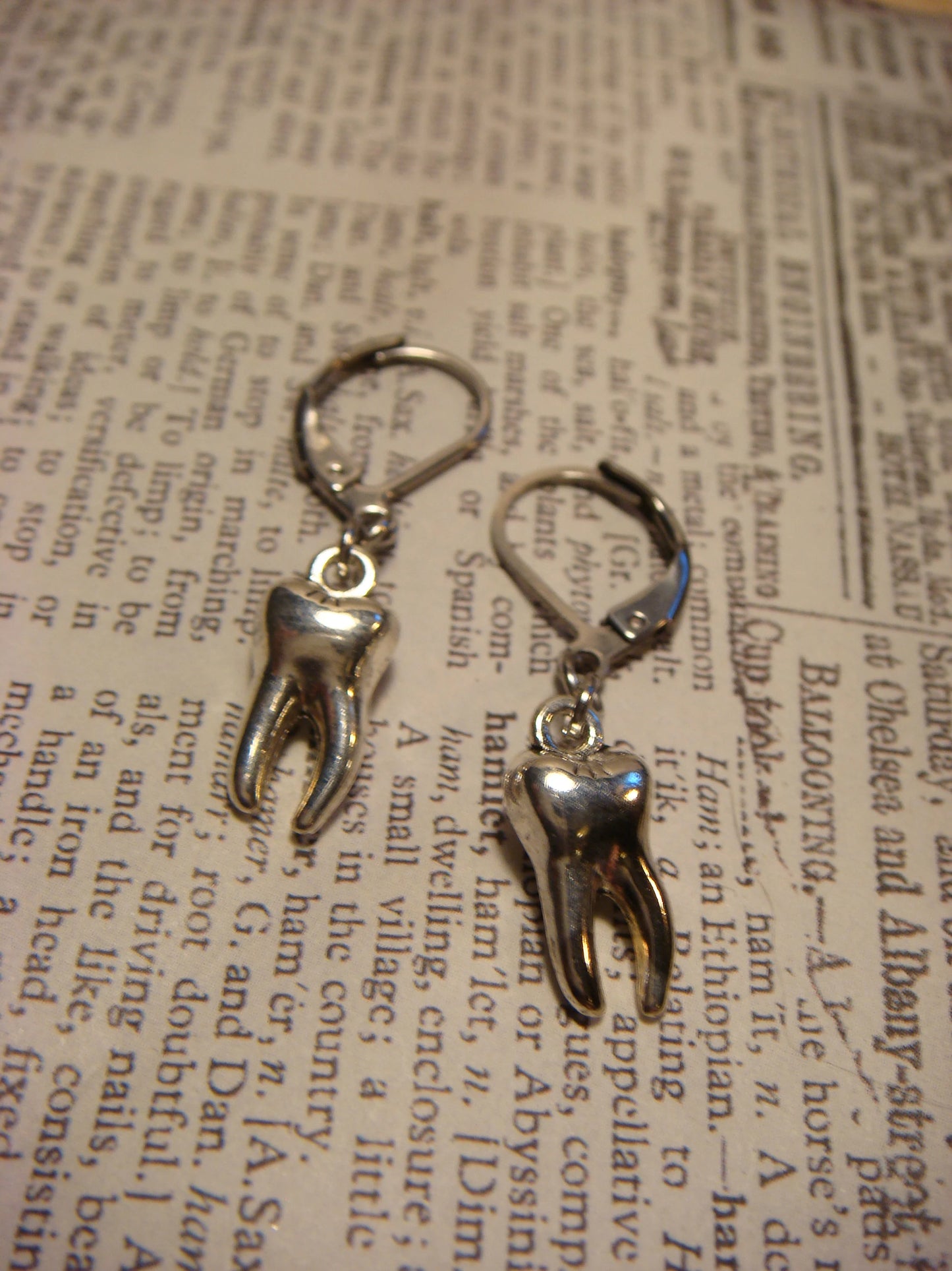 Tooth Dangle Earrings in Antique Silver