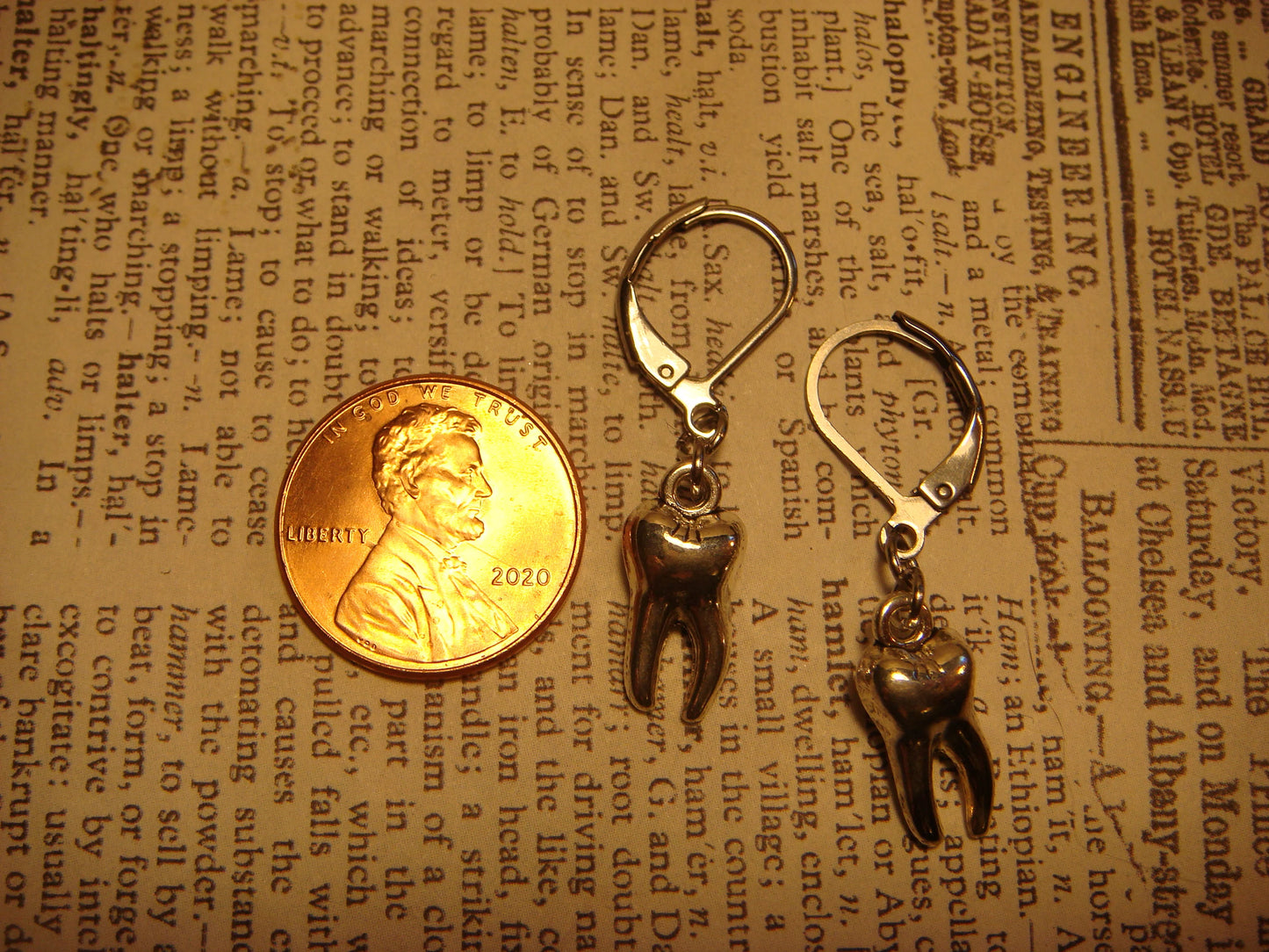 Tooth Dangle Earrings in Antique Silver