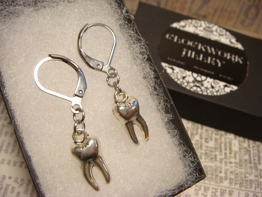 Tooth Dangle Earrings in Antique Silver