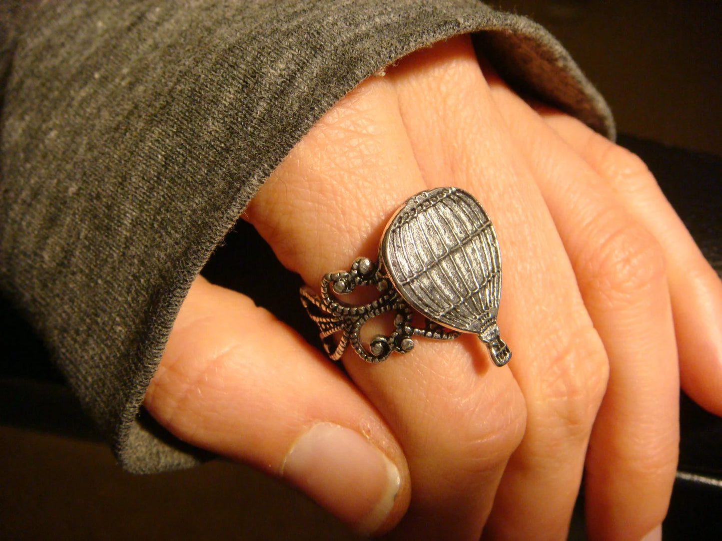 Hot Air Balloon Filigree Ring in Antique Silver - Adjustable