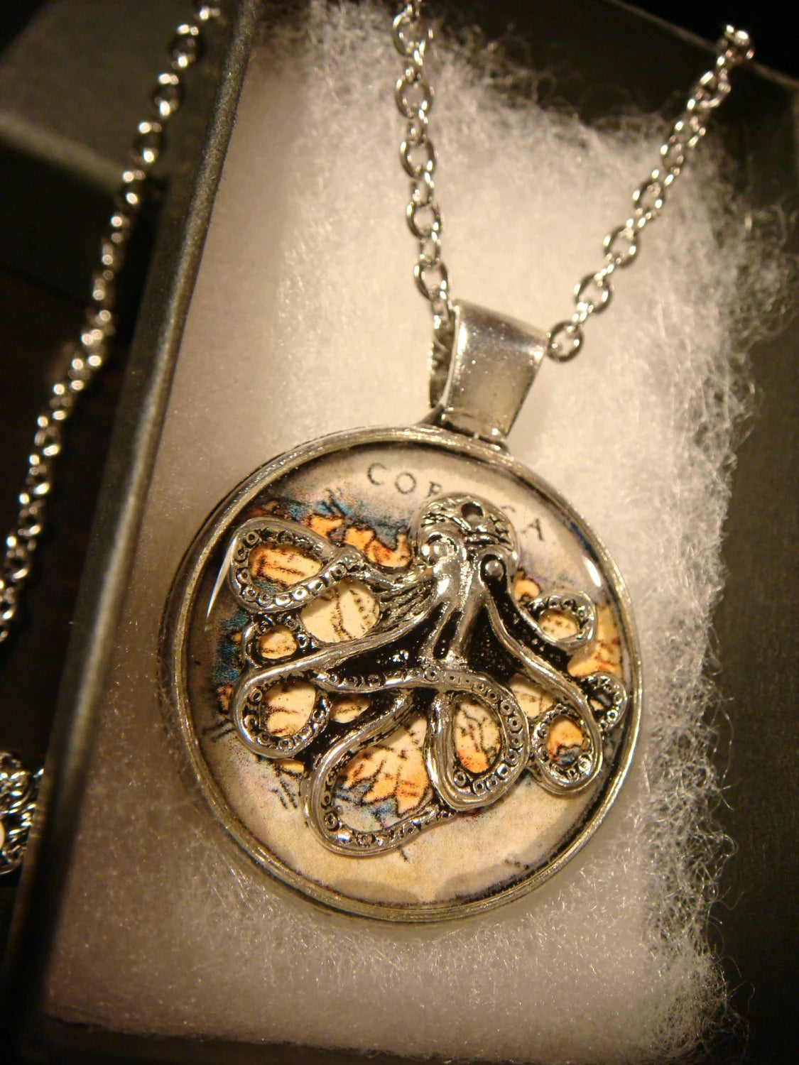 Octopus over Map Pendant Necklace