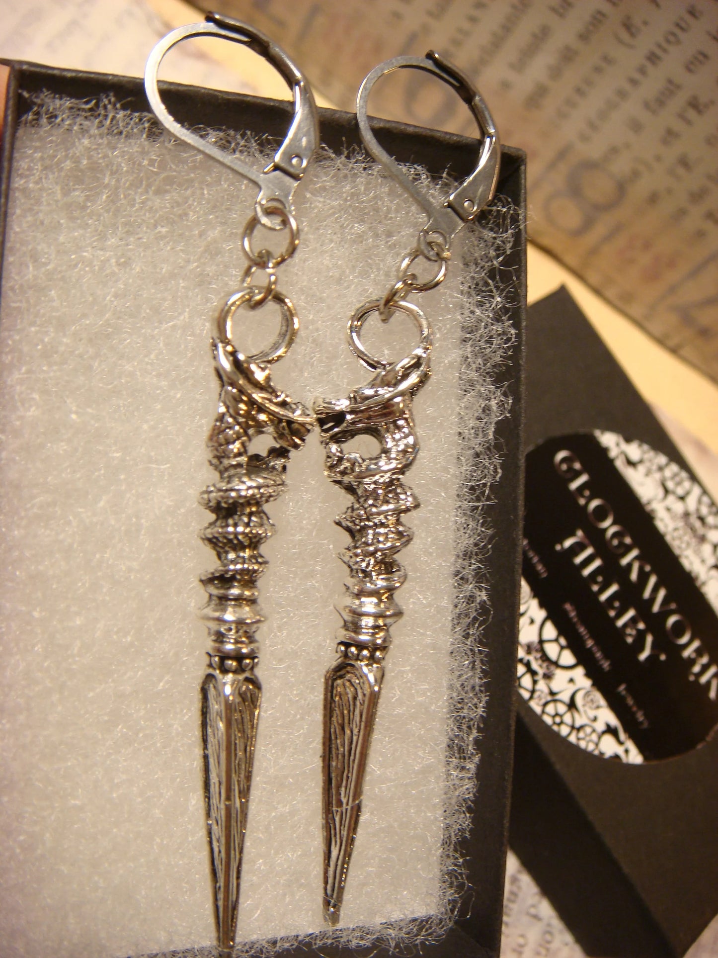 Dragon Dagger Dangle Earrings in Antique Silver