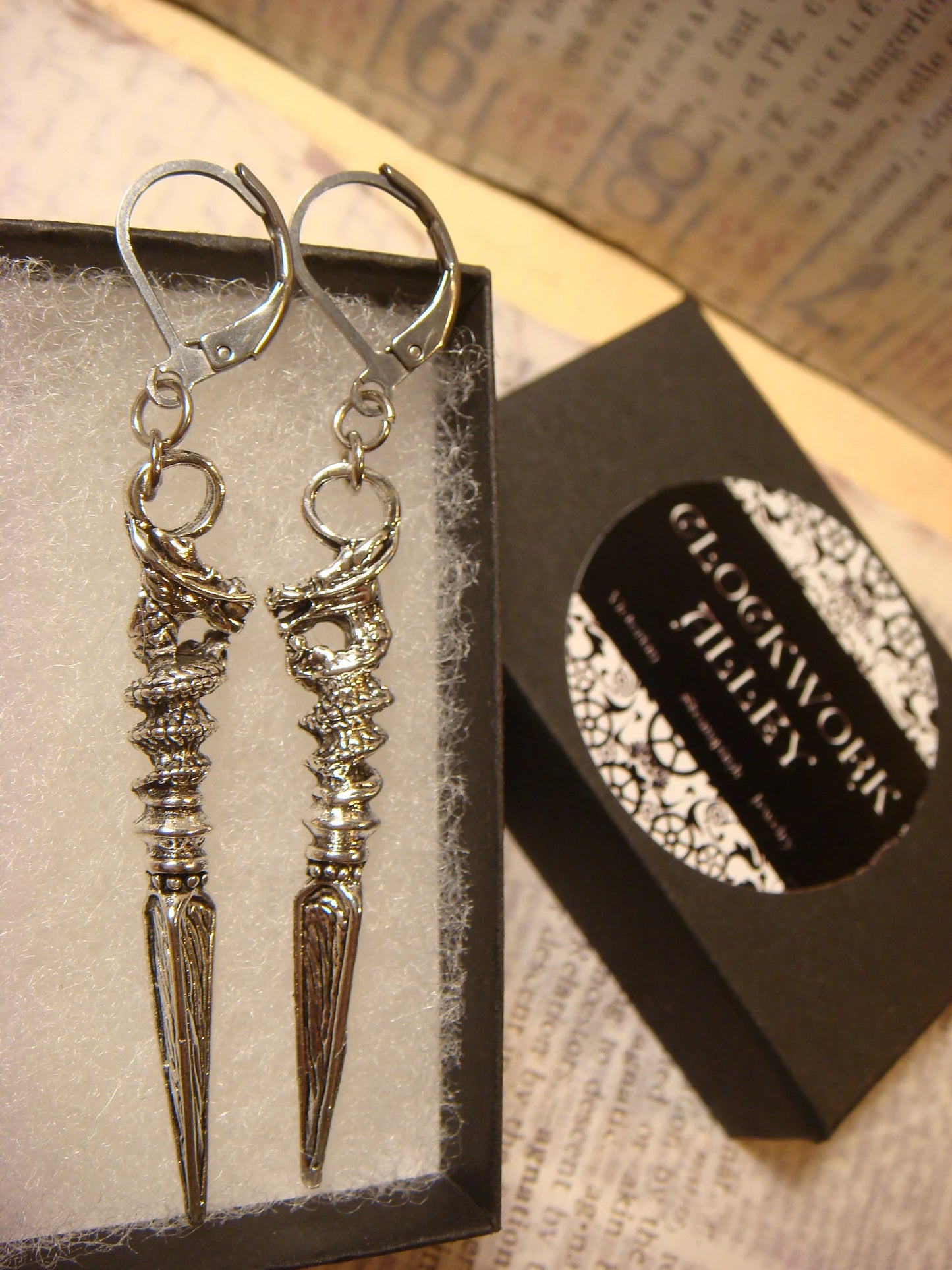 Dragon Dagger Dangle Earrings in Antique Silver