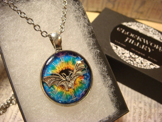 Bat over Colorful Clock Small Pendant Necklace