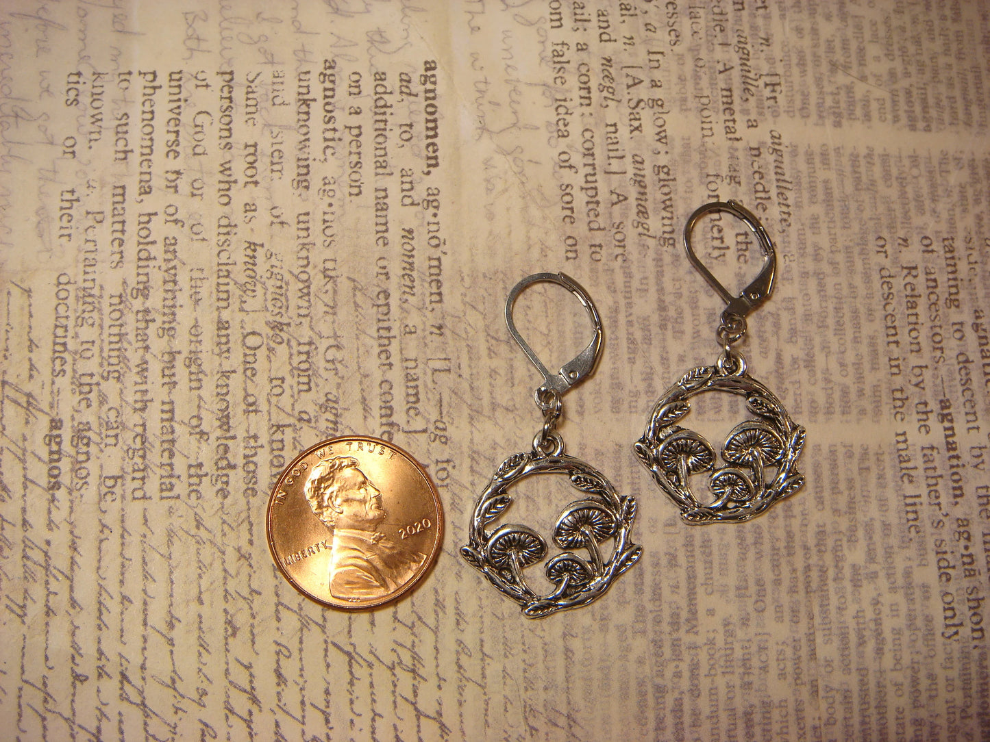 Mushrooms Dangle Earrings in Antique Silver