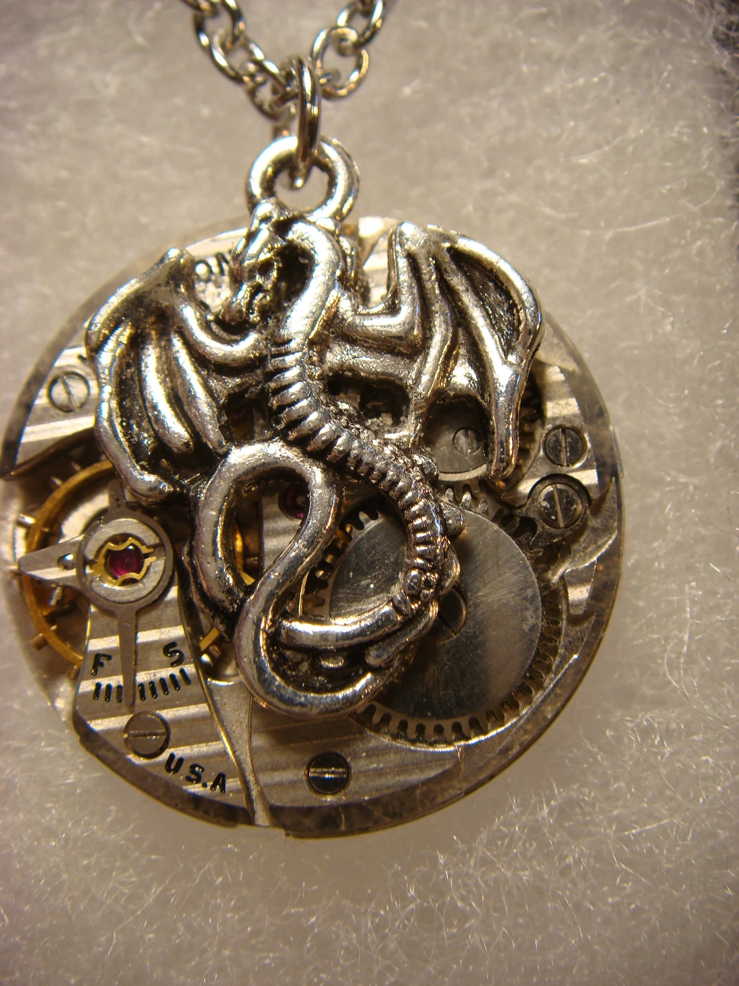 Steampunk Dragon Watch Movement Necklace with Exposed Gears