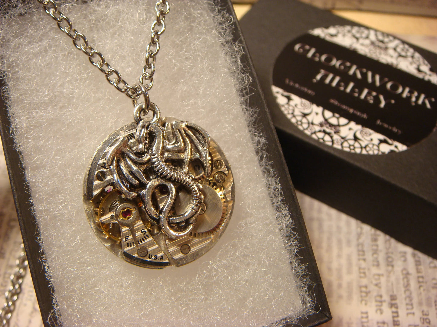 Steampunk Dragon Watch Movement Necklace with Exposed Gears
