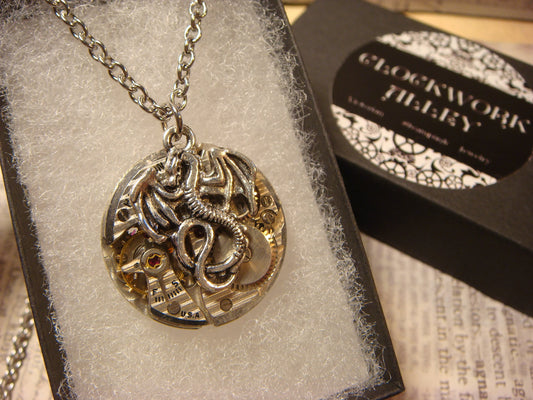 Steampunk Dragon Watch Movement Necklace with Exposed Gears
