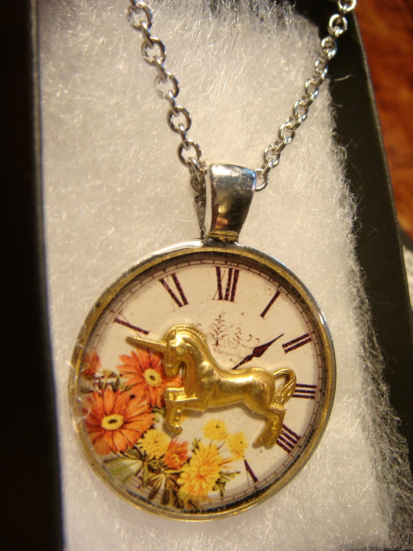 Unicorn over Floral Clock Pendant Necklace