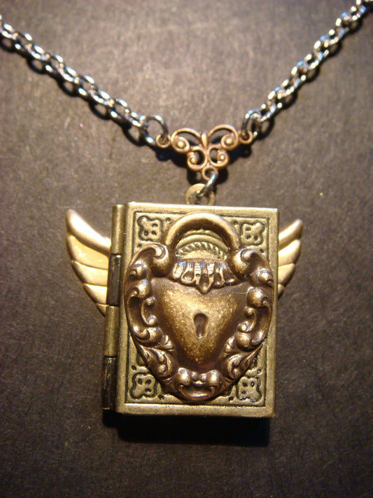 Heart Lock Book Locket with Wings Necklace