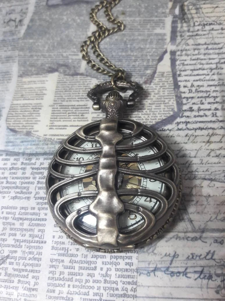Working Ribcage Pocket Watch Necklace in Antique Bronze