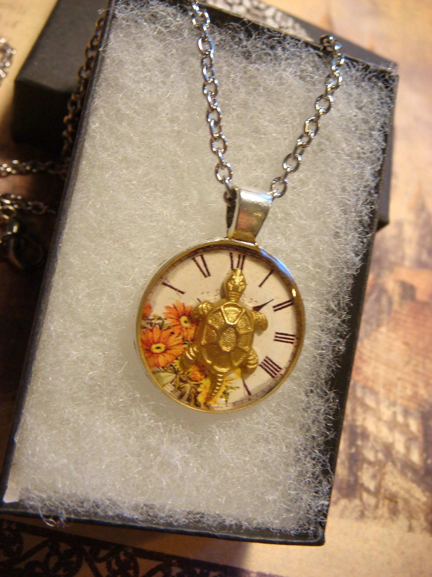 Turtle over Floral Clock Small Pendant Necklace