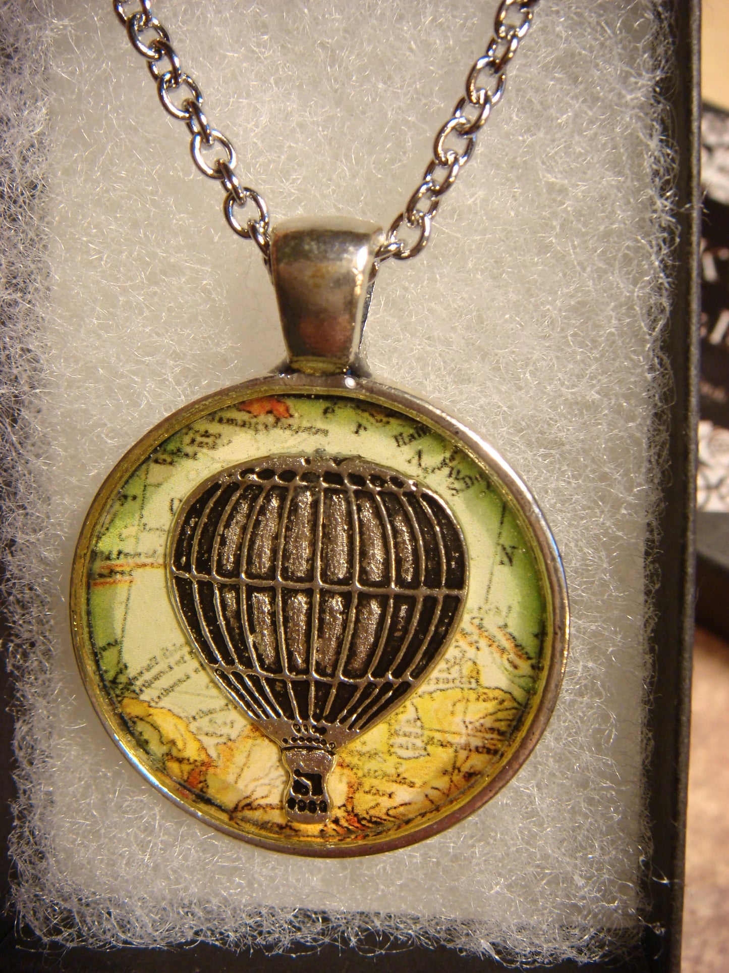 Hot Air Balloon over Map Pendant Necklace